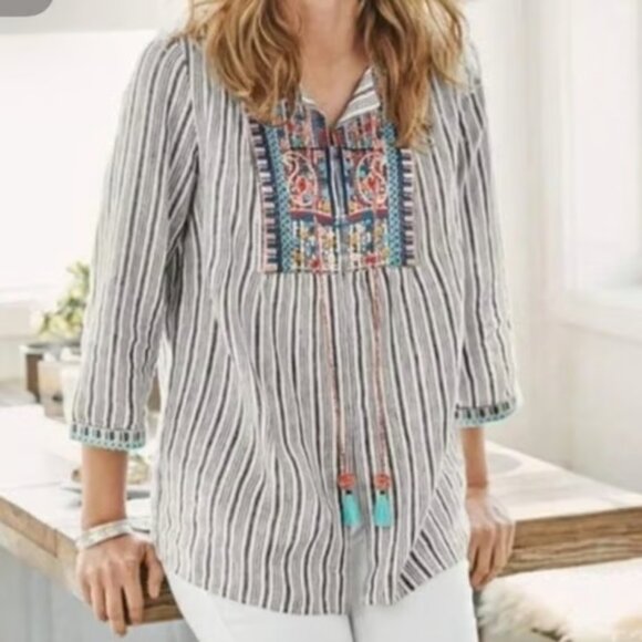 J. JILL Love Linen Striped Embroidered Lightweight Jacket Cardigan L - Picture 2 of 8